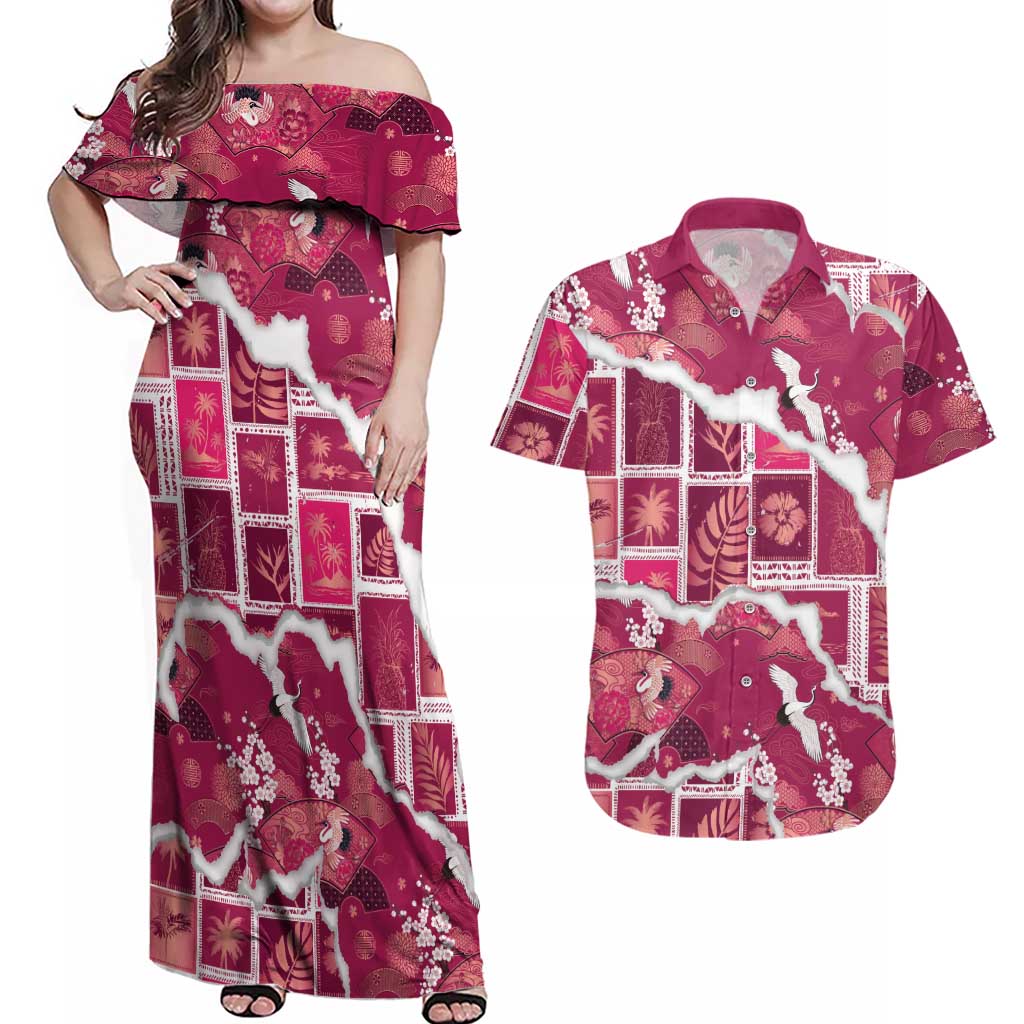Hawaii Japanese Culture Pink Couples Matching Off Shoulder Maxi Dress and Hawaiian Shirt Spring Cranes Aloha Pattern LT01 Pink - Polynesian Pride