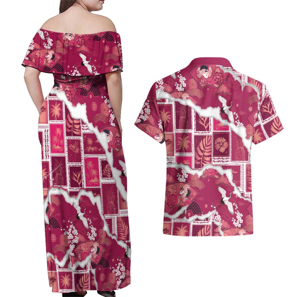 Hawaii Japanese Culture Pink Couples Matching Off Shoulder Maxi Dress and Hawaiian Shirt Spring Cranes Aloha Pattern LT01 - Polynesian Pride