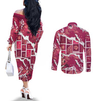Hawaii Japanese Culture Pink Couples Matching Off The Shoulder Long Sleeve Dress and Long Sleeve Button Shirt Spring Cranes Aloha Pattern LT01 - Polynesian Pride
