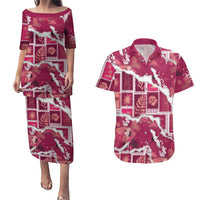 Hawaii Japanese Culture Pink Couples Matching Puletasi and Hawaiian Shirt Spring Cranes Aloha Pattern
