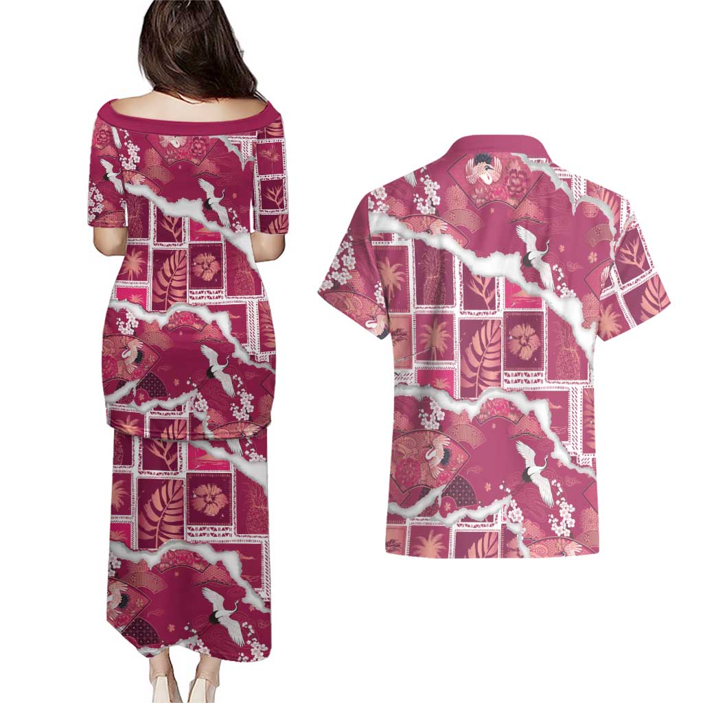 Hawaii Japanese Culture Pink Couples Matching Puletasi and Hawaiian Shirt Spring Cranes Aloha Pattern