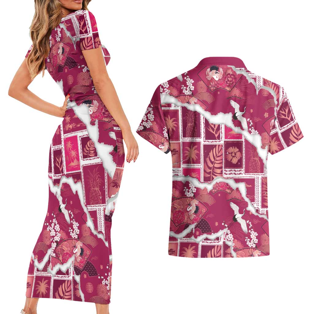 Hawaii Japanese Culture Pink Couples Matching Short Sleeve Bodycon Dress and Hawaiian Shirt Spring Cranes Aloha Pattern LT01 - Polynesian Pride