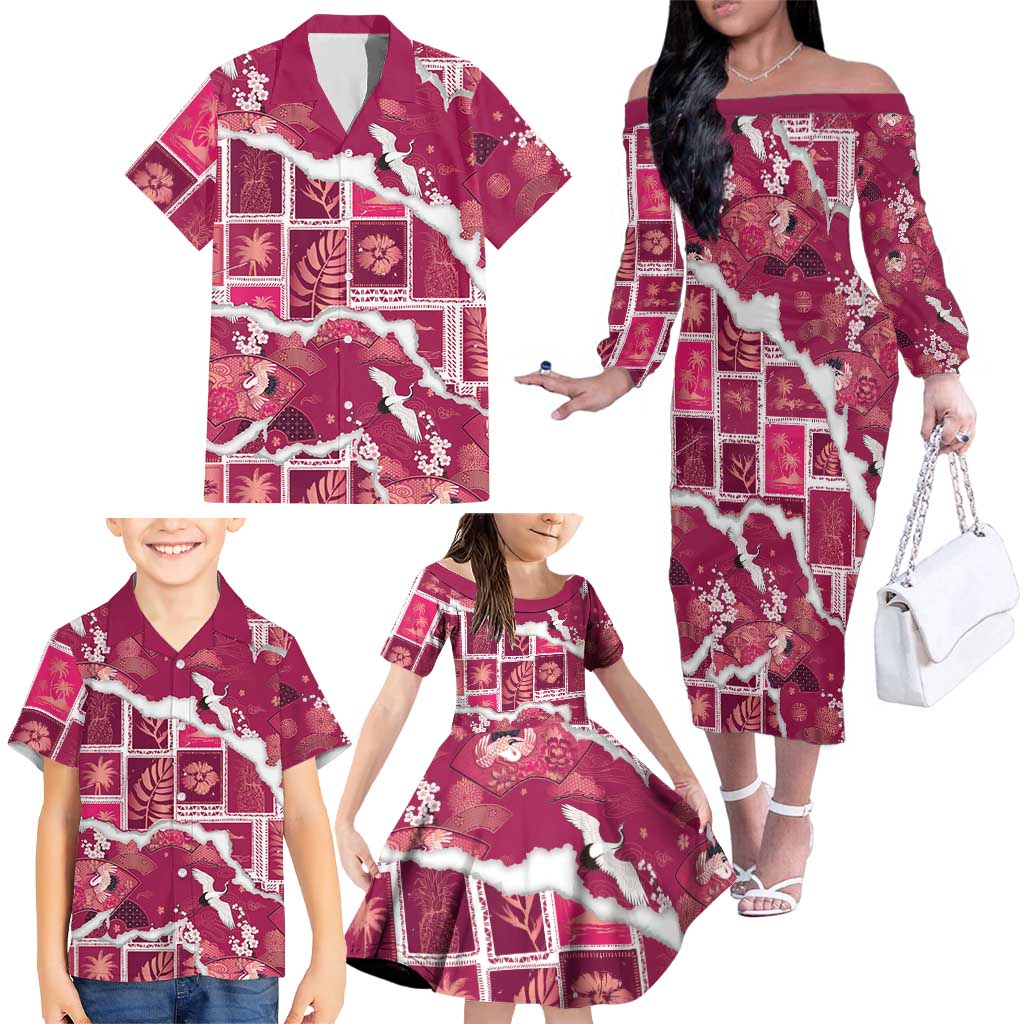 Hawaii Japanese Culture Pink Family Matching Off The Shoulder Long Sleeve Dress and Hawaiian Shirt Spring Cranes Aloha Pattern