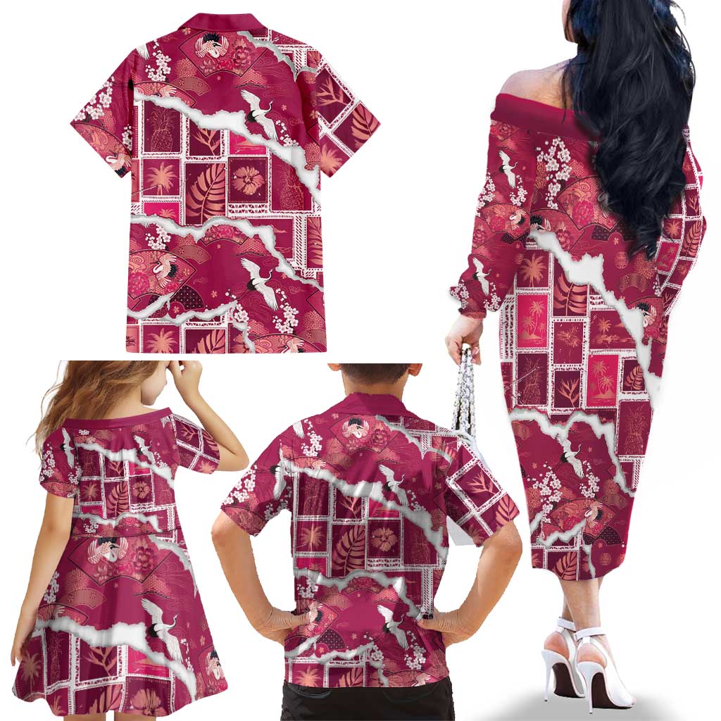 Hawaii Japanese Culture Pink Family Matching Off The Shoulder Long Sleeve Dress and Hawaiian Shirt Spring Cranes Aloha Pattern