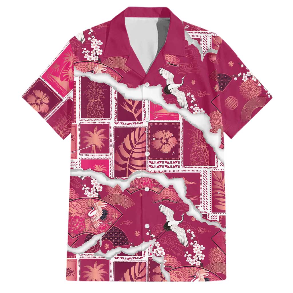 Hawaii Japanese Culture Pink Family Matching Off Shoulder Maxi Dress and Hawaiian Shirt Spring Cranes Aloha Pattern LT01 Dad's Shirt - Short Sleeve Pink - Polynesian Pride