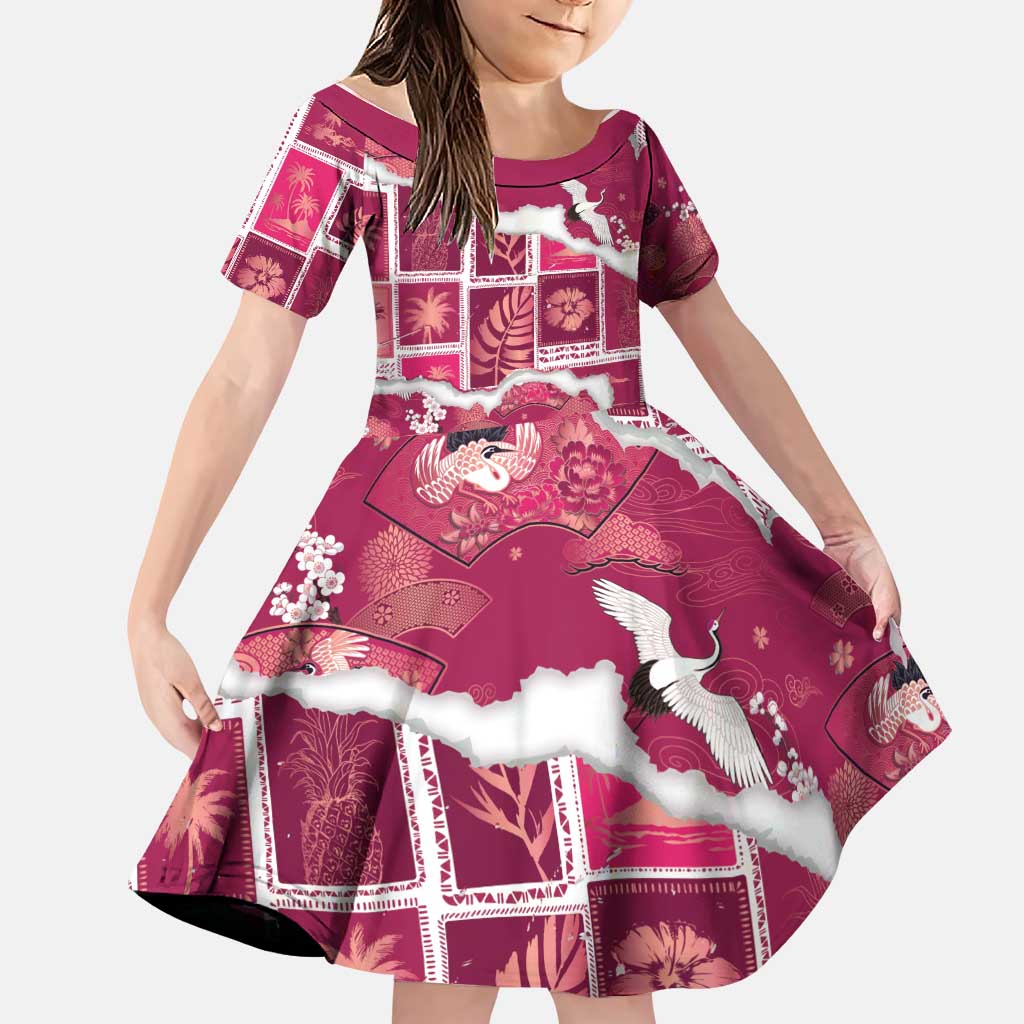Hawaii Japanese Culture Pink Family Matching Puletasi and Hawaiian Shirt Spring Cranes Aloha Pattern LT01 Daughter's Dress Pink - Polynesian Pride