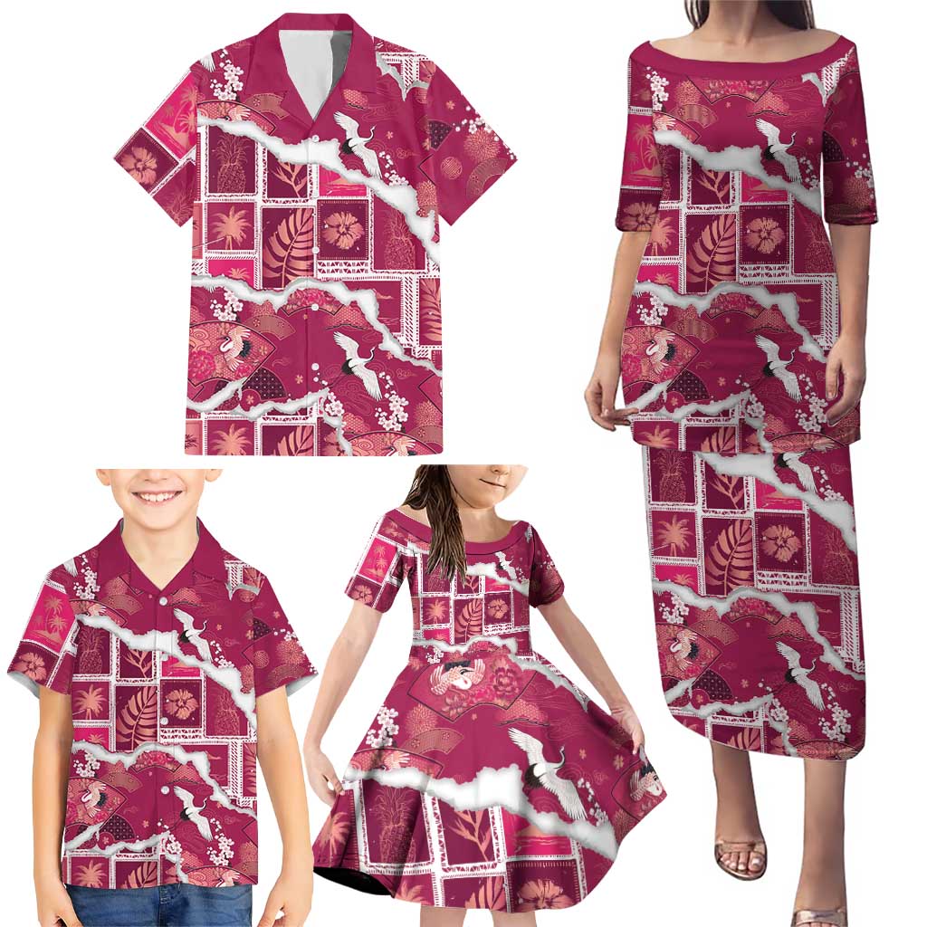 Hawaii Japanese Culture Pink Family Matching Puletasi and Hawaiian Shirt Spring Cranes Aloha Pattern LT01 - Polynesian Pride