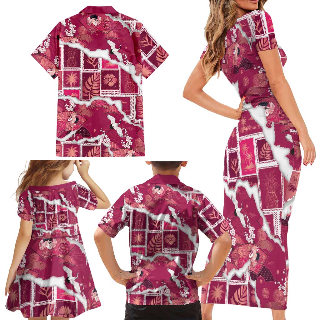 Hawaii Japanese Culture Pink Family Matching Short Sleeve Bodycon Dress and Hawaiian Shirt Spring Cranes Aloha Pattern