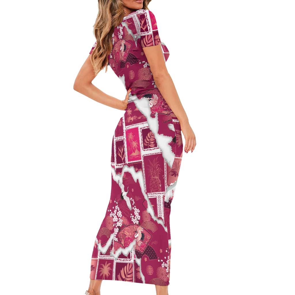 Hawaii Japanese Culture Pink Family Matching Short Sleeve Bodycon Dress and Hawaiian Shirt Spring Cranes Aloha Pattern