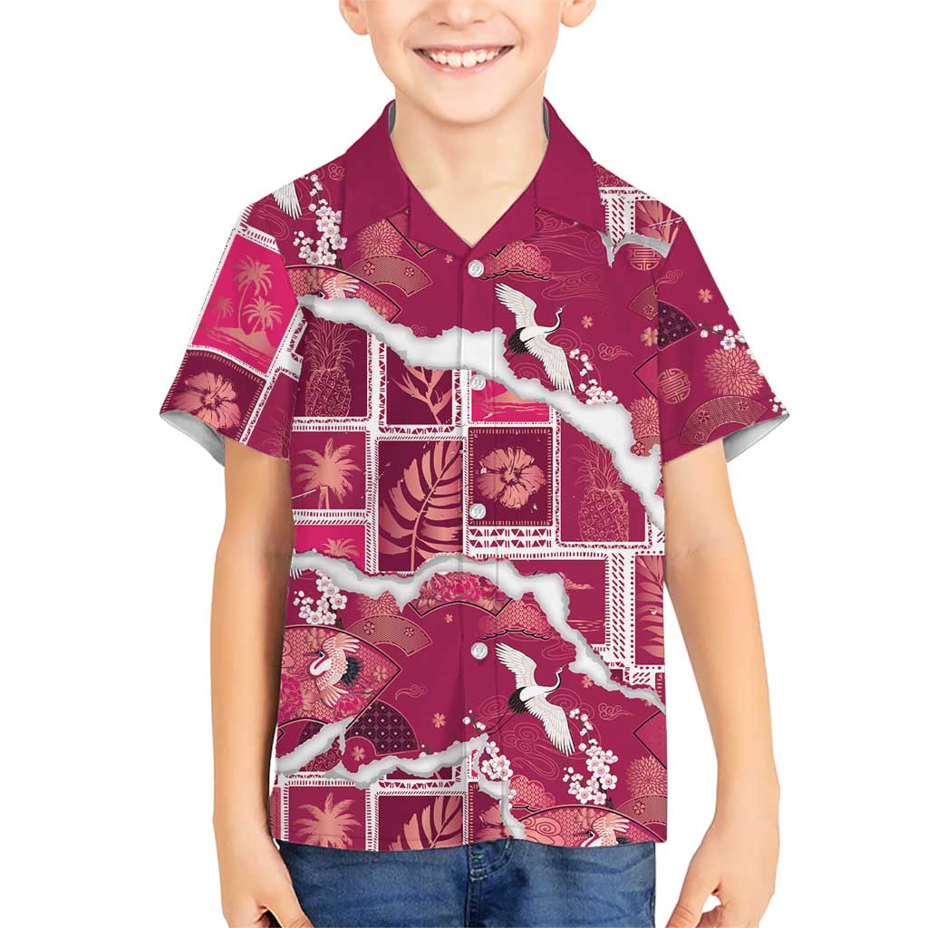 Hawaii Japanese Culture Pink Family Matching Summer Maxi Dress and Hawaiian Shirt Spring Cranes Aloha Pattern LT01 Son's Shirt Pink - Polynesian Pride
