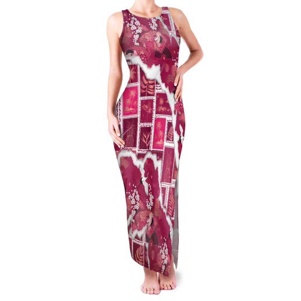 Hawaii Japanese Culture Pink Family Matching Tank Maxi Dress and Hawaiian Shirt Spring Cranes Aloha Pattern