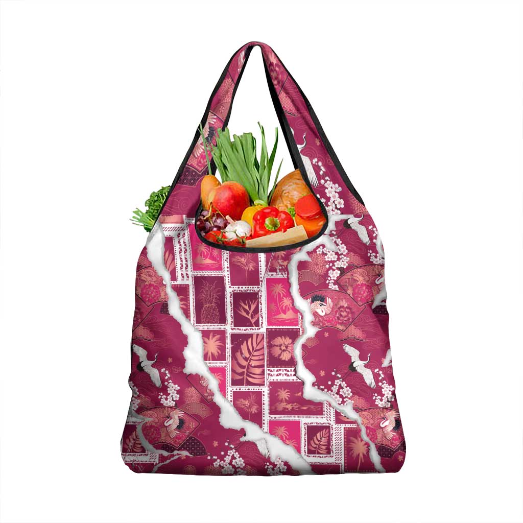 Hawaii Japanese Culture Pink Grocery Bag Spring Cranes Aloha Pattern
