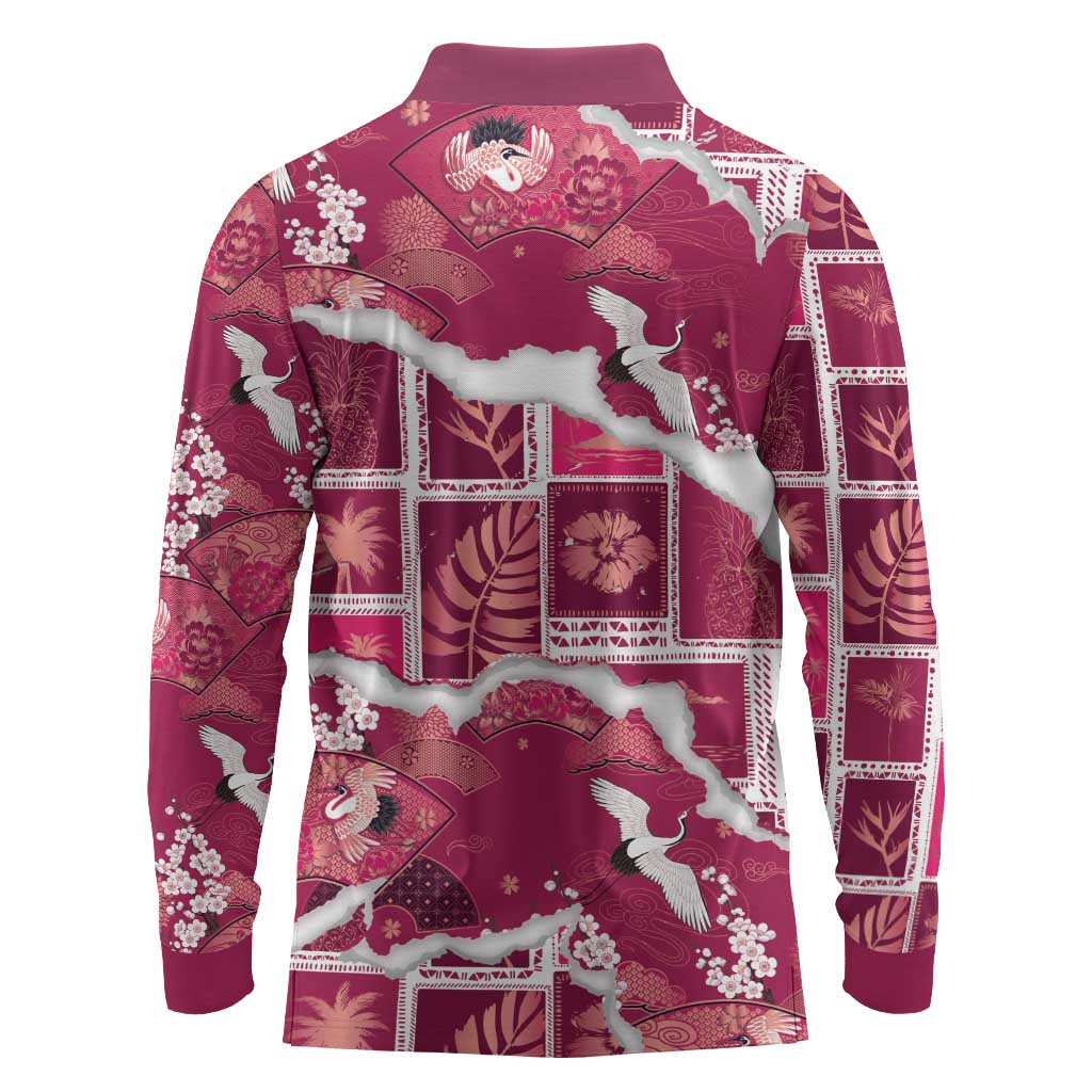 Hawaii Japanese Culture Pink Long Sleeve Polo Shirt Spring Cranes Aloha Pattern