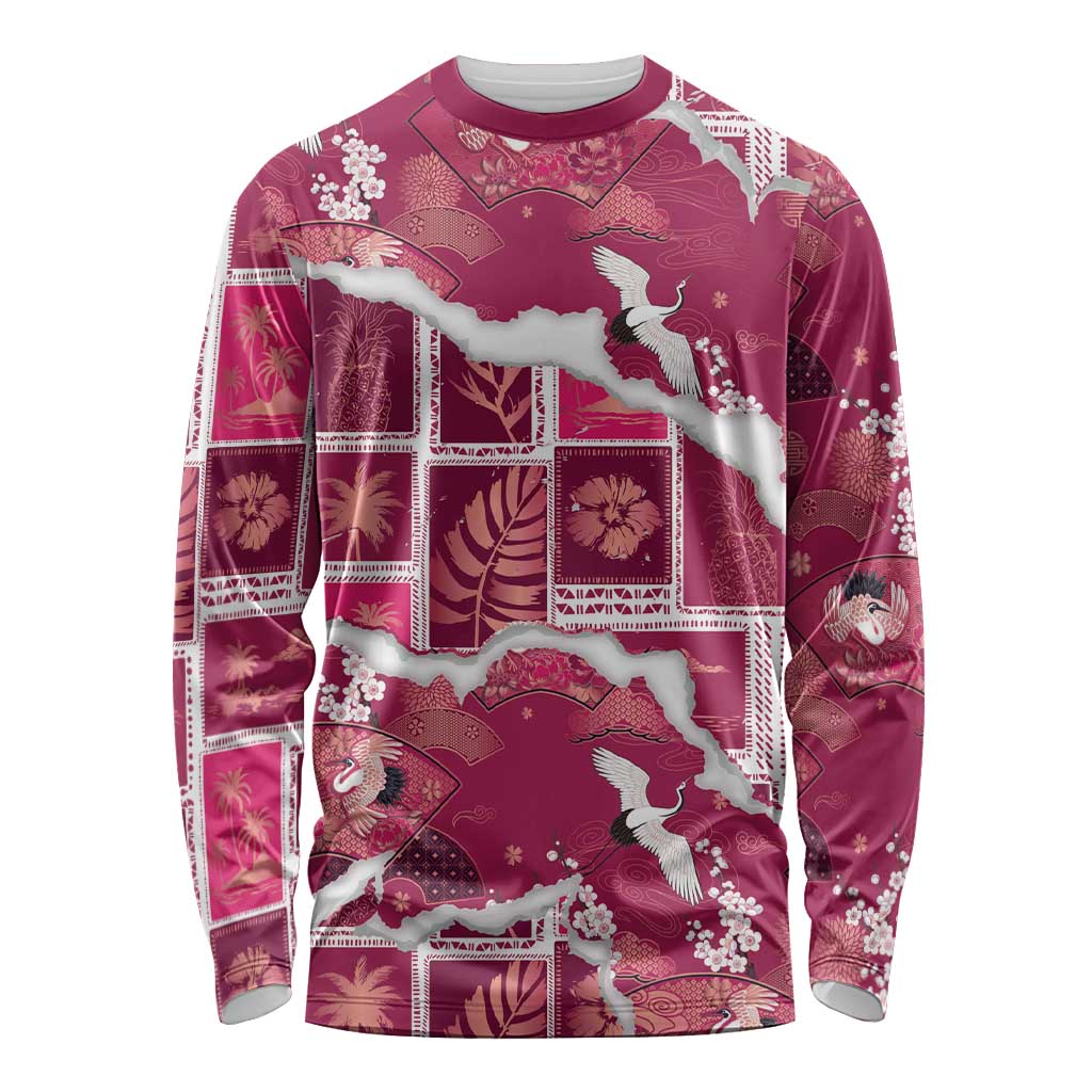 Hawaii Japanese Culture Pink Long Sleeve Shirt Spring Cranes Aloha Pattern
