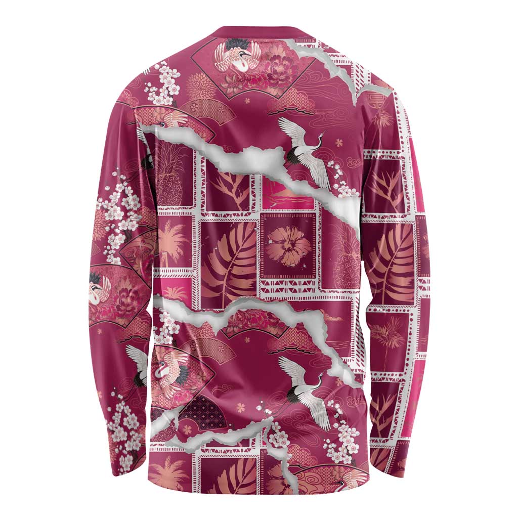 Hawaii Japanese Culture Pink Long Sleeve Shirt Spring Cranes Aloha Pattern