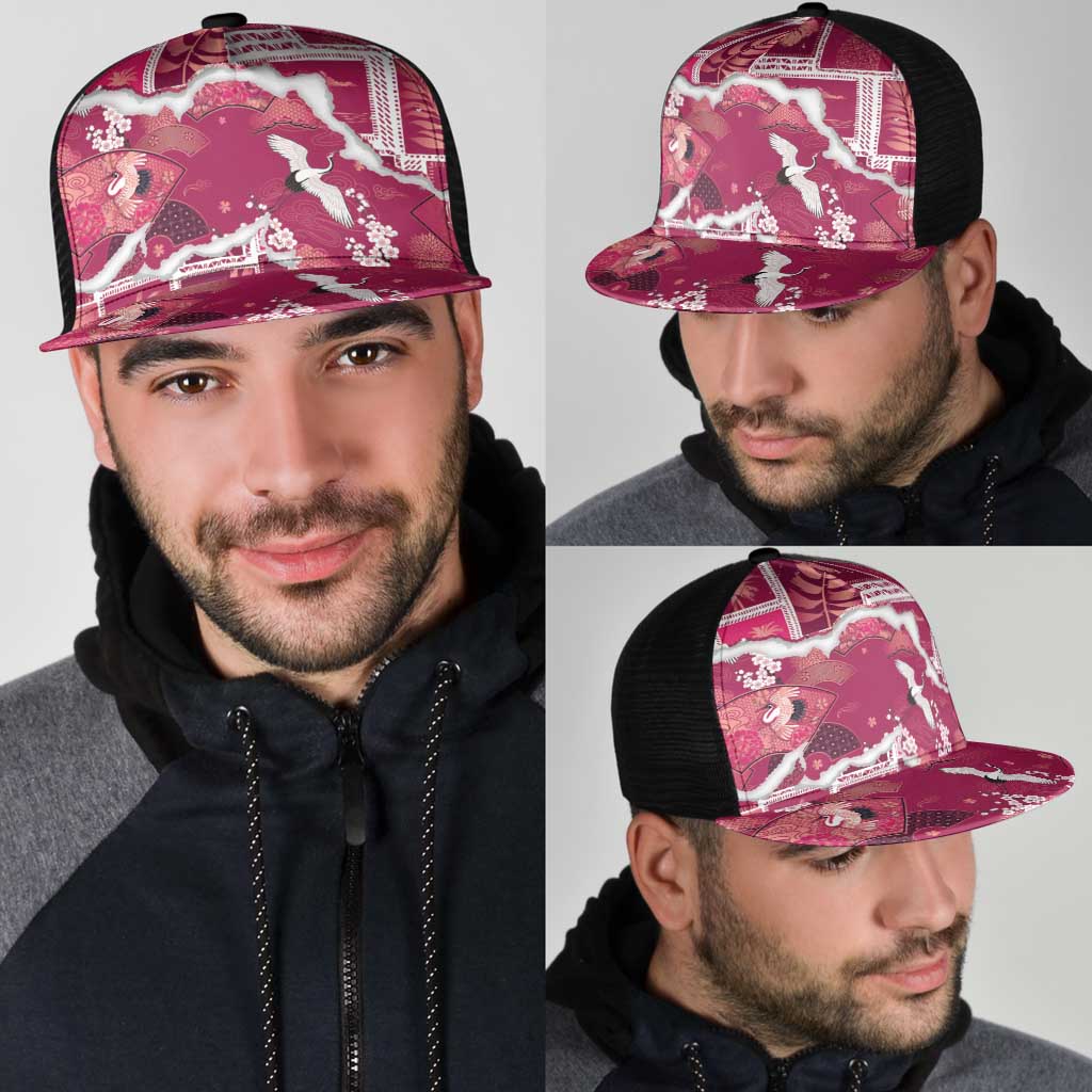 Hawaii Japanese Culture Pink Mesh Trucker Cap Spring Cranes Aloha Pattern