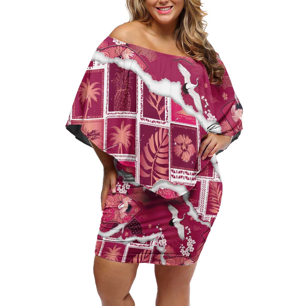 Hawaii Japanese Culture Pink Off Shoulder Short Dress Spring Cranes Aloha Pattern LT01 Women Pink - Polynesian Pride