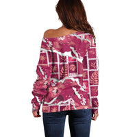 Hawaii Japanese Culture Pink Off Shoulder Sweater Spring Cranes Aloha Pattern