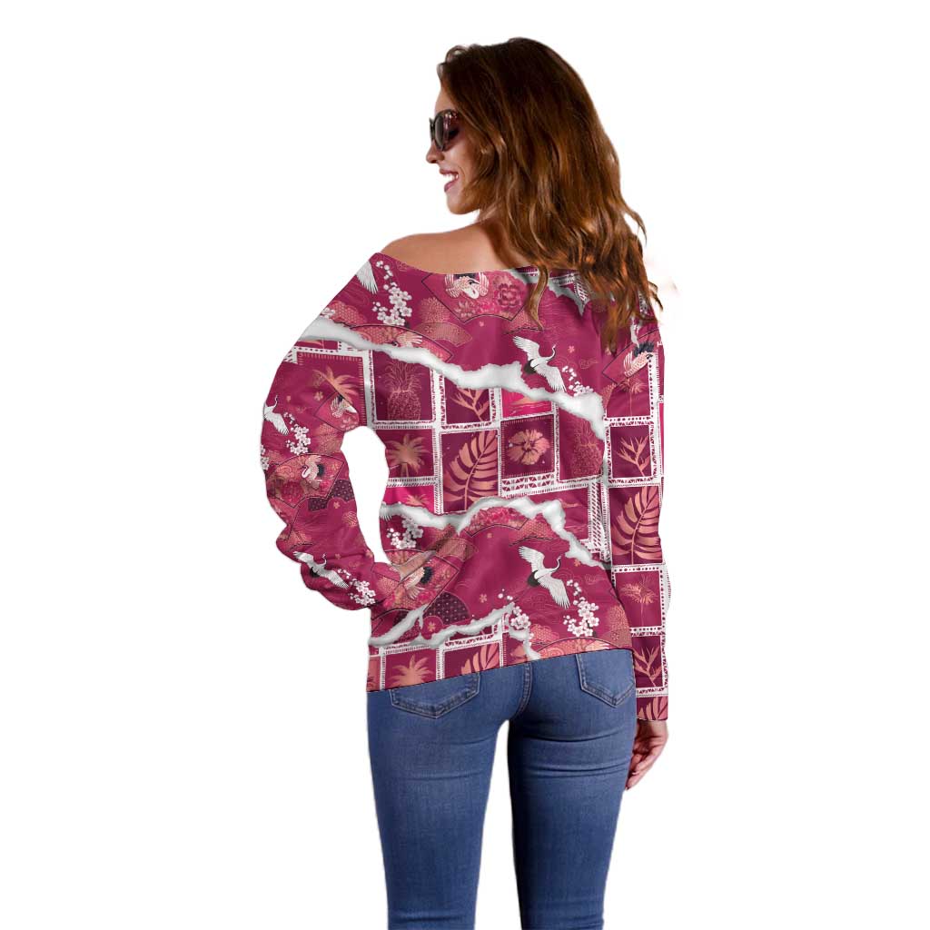 Hawaii Japanese Culture Pink Off Shoulder Sweater Spring Cranes Aloha Pattern