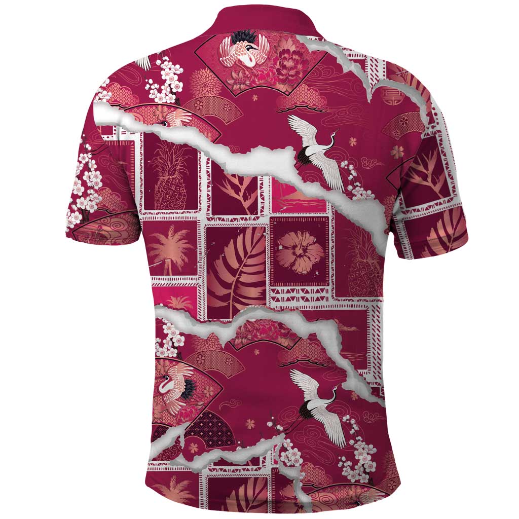 Hawaii Japanese Culture Pink Polo Shirt Spring Cranes Aloha Pattern
