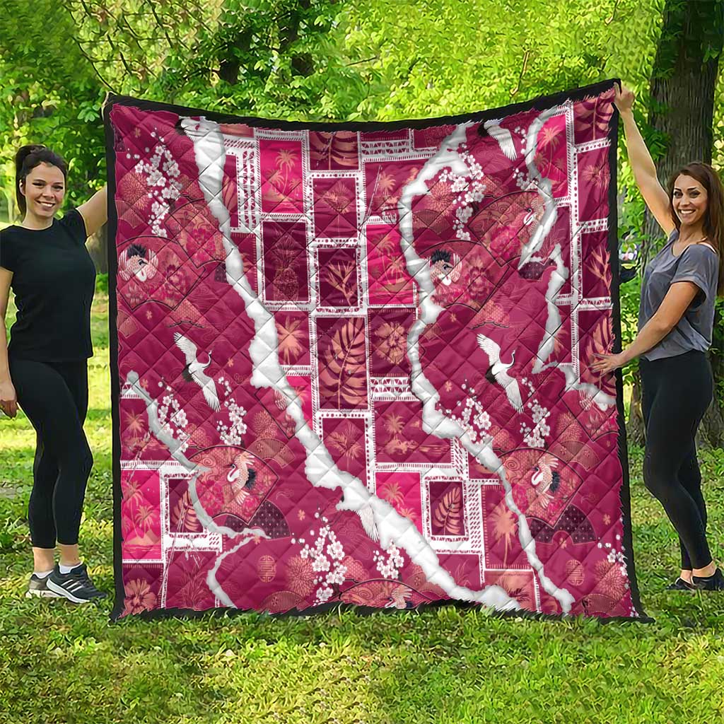 Hawaii Japanese Culture Pink Quilt Spring Cranes Aloha Pattern