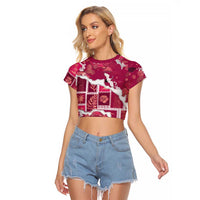 Hawaii Japanese Culture Pink Raglan Cropped T Shirt Spring Cranes Aloha Pattern LT01 Female Pink - Polynesian Pride