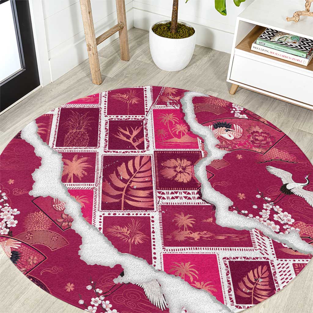Hawaii Japanese Culture Pink Round Carpet Spring Cranes Aloha Pattern