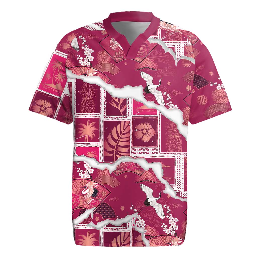 Hawaii Japanese Culture Pink Rugby Jersey Spring Cranes Aloha Pattern