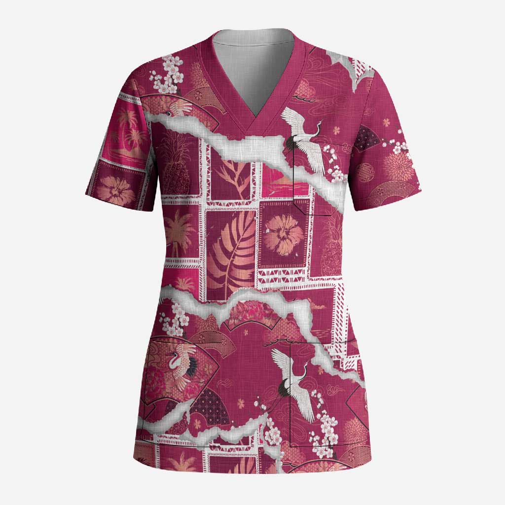 Hawaii Japanese Culture Pink Scrub Top Spring Cranes Aloha Pattern