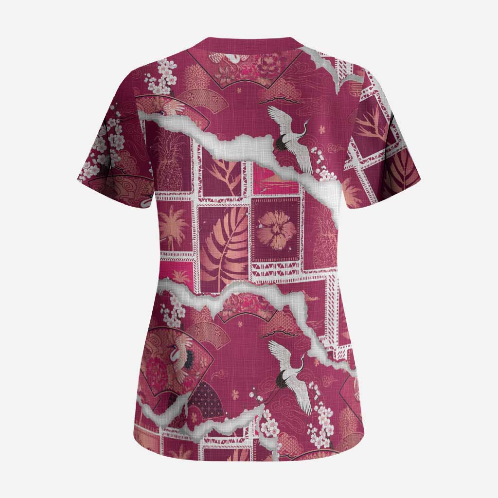 Hawaii Japanese Culture Pink Scrub Top Spring Cranes Aloha Pattern