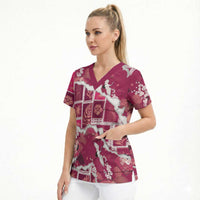 Hawaii Japanese Culture Pink Scrub Top Spring Cranes Aloha Pattern