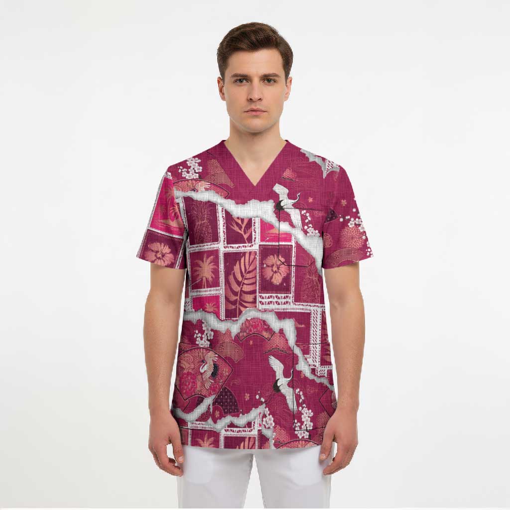 Hawaii Japanese Culture Pink Scrub Top Spring Cranes Aloha Pattern