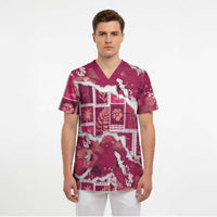 Hawaii Japanese Culture Pink Scrub Top Spring Cranes Aloha Pattern