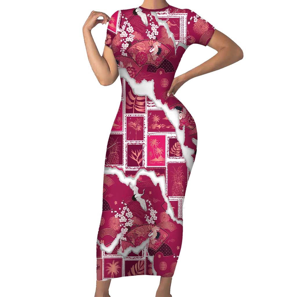 Hawaii Japanese Culture Pink Short Sleeve Bodycon Dress Spring Cranes Aloha Pattern LT01 Long Dress Pink - Polynesian Pride