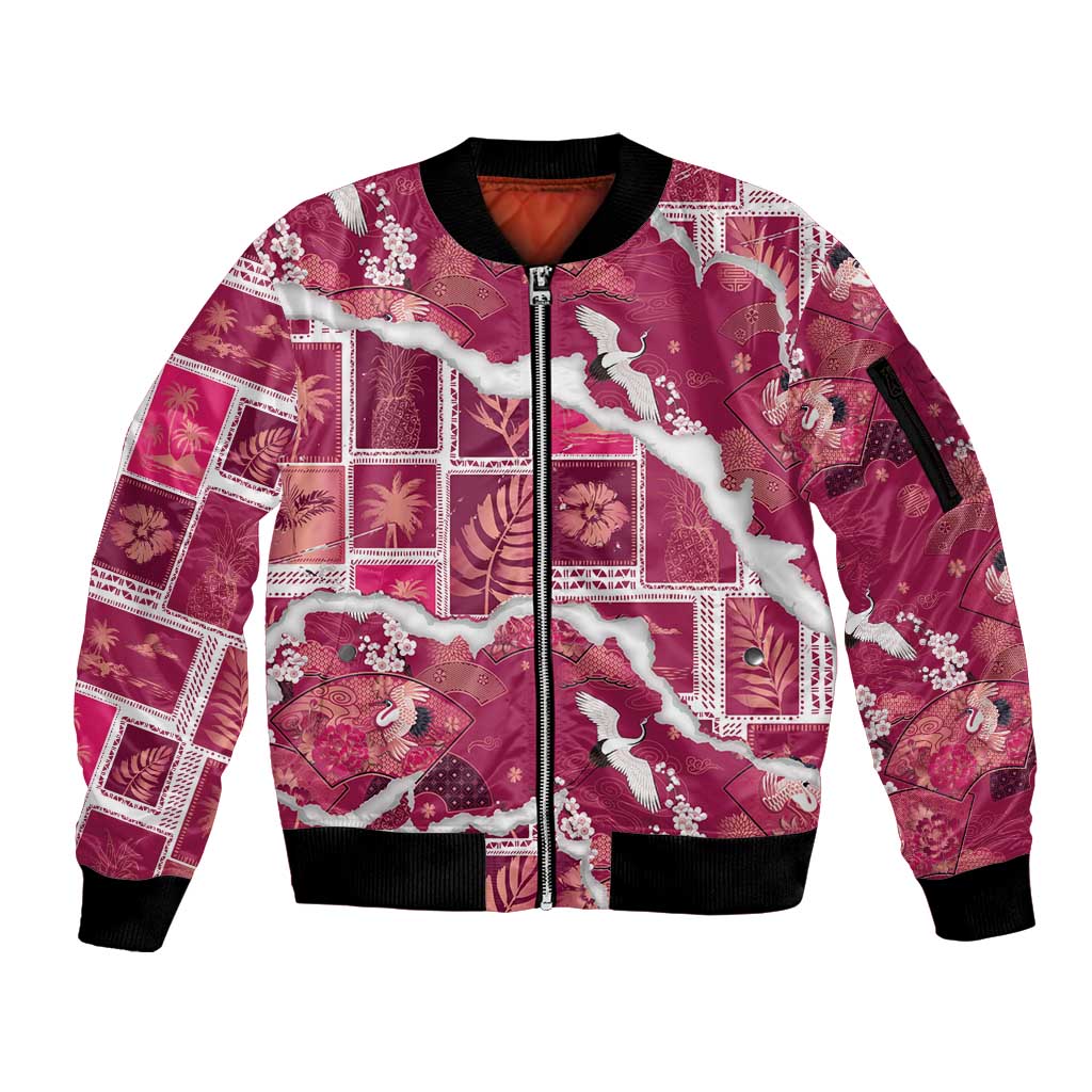 Hawaii Japanese Culture Pink Sleeve Zip Bomber Jacket Spring Cranes Aloha Pattern