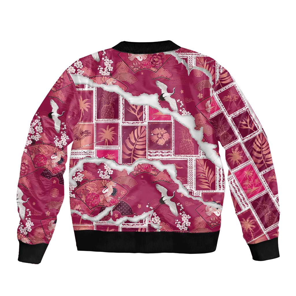 Hawaii Japanese Culture Pink Sleeve Zip Bomber Jacket Spring Cranes Aloha Pattern