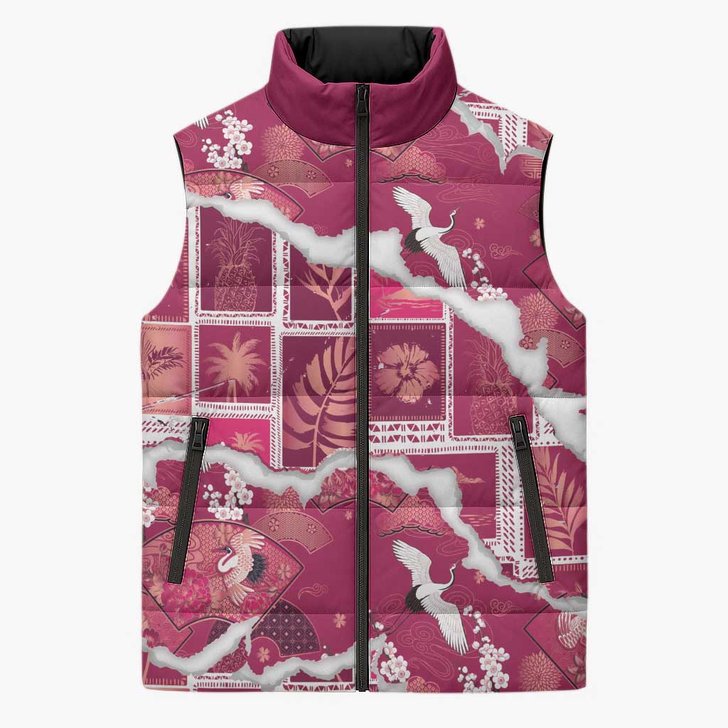 Hawaii Japanese Culture Pink Sleeveless Puffer Jacket Spring Cranes Aloha Pattern