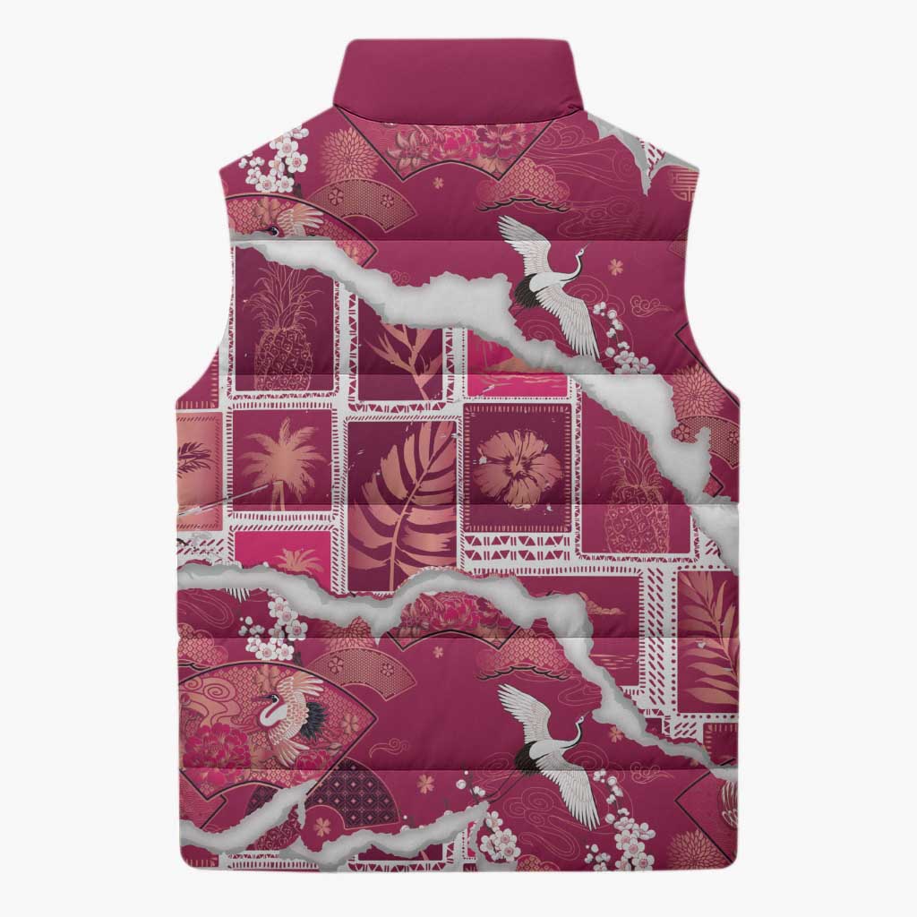 Hawaii Japanese Culture Pink Sleeveless Puffer Jacket Spring Cranes Aloha Pattern