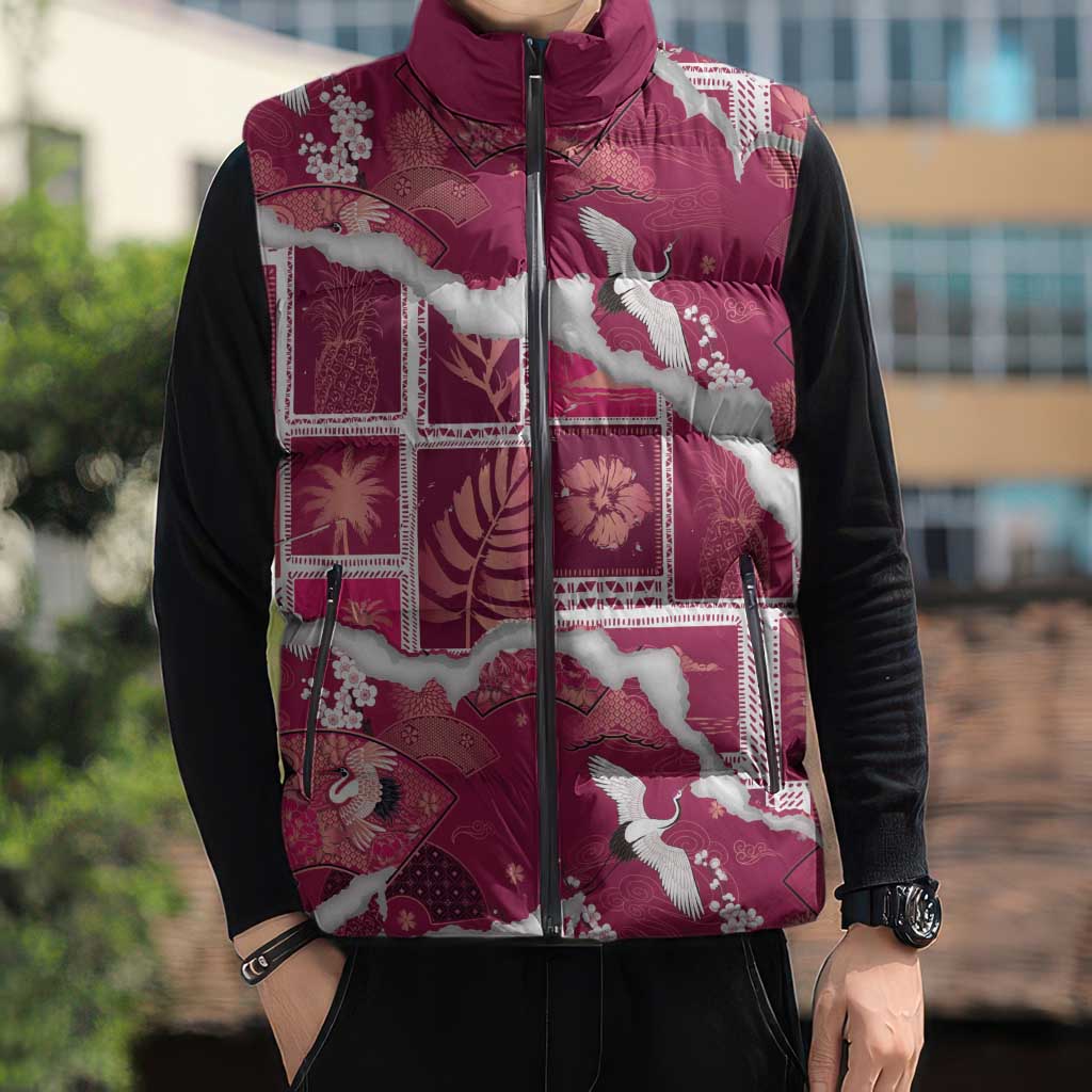 Hawaii Japanese Culture Pink Sleeveless Puffer Jacket Spring Cranes Aloha Pattern