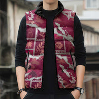Hawaii Japanese Culture Pink Sleeveless Puffer Jacket Spring Cranes Aloha Pattern