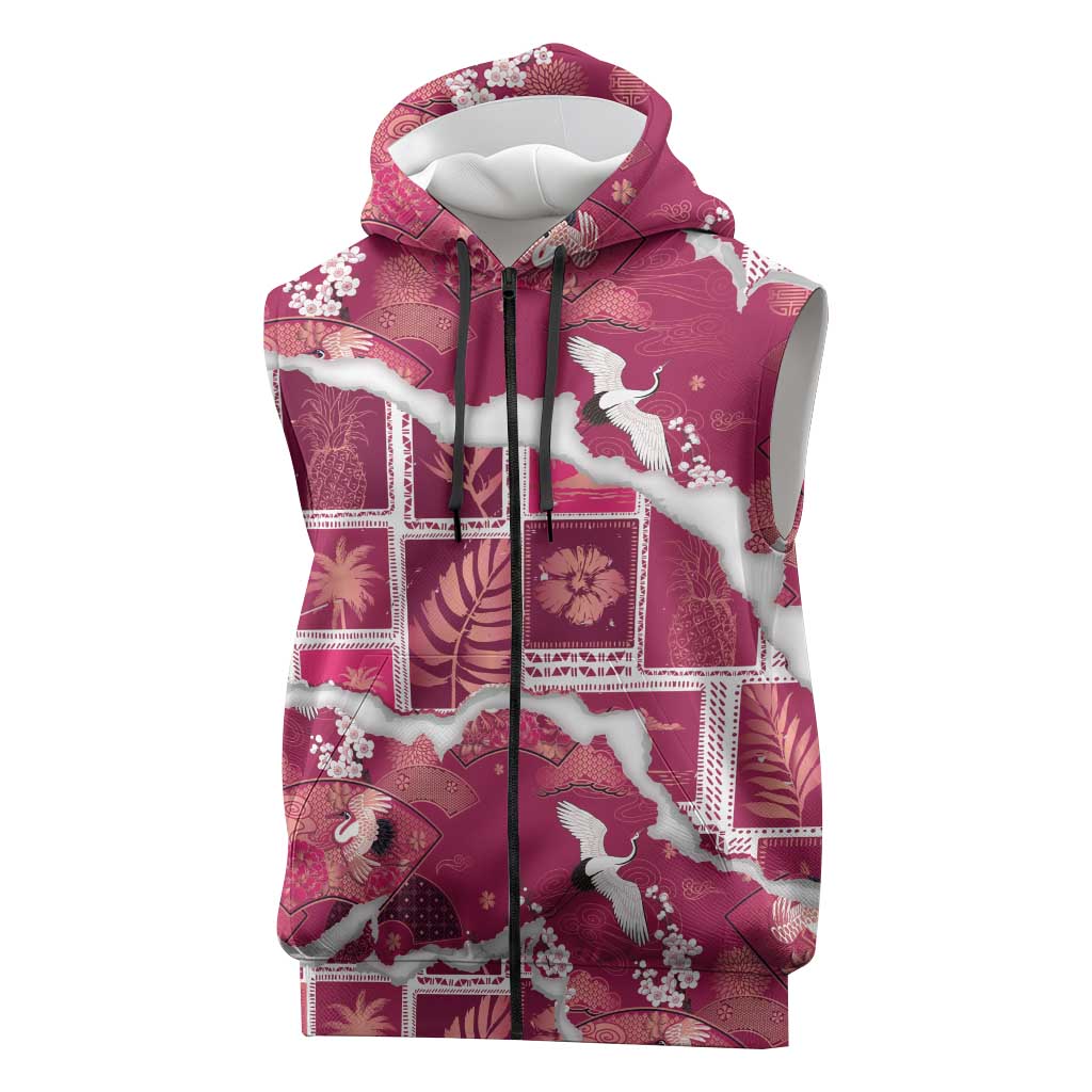 Hawaii Japanese Culture Pink Sleeveless Zip Hoodie Spring Cranes Aloha Pattern LT01 Pink - Polynesian Pride