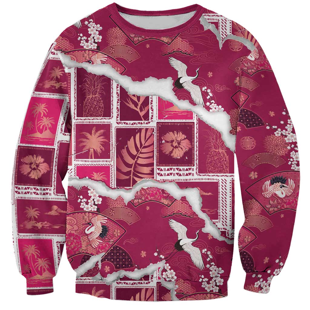Hawaii Japanese Culture Pink Sweatshirt Spring Cranes Aloha Pattern
