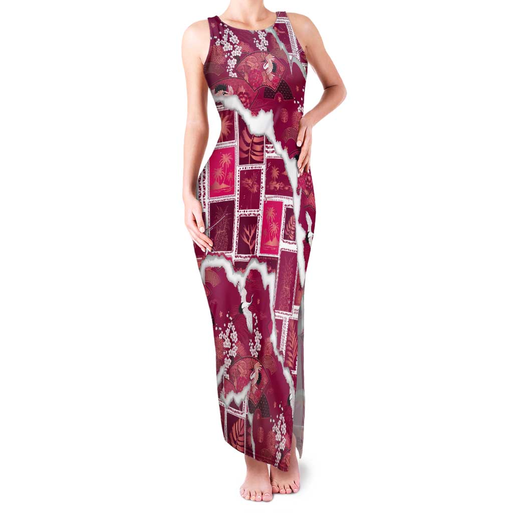 Hawaii Japanese Culture Pink Tank Maxi Dress Spring Cranes Aloha Pattern LT01 Women Pink - Polynesian Pride
