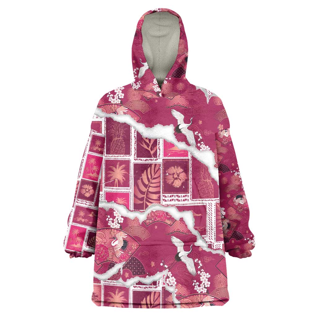 Hawaii Japanese Culture Pink Wearable Blanket Hoodie Spring Cranes Aloha Pattern