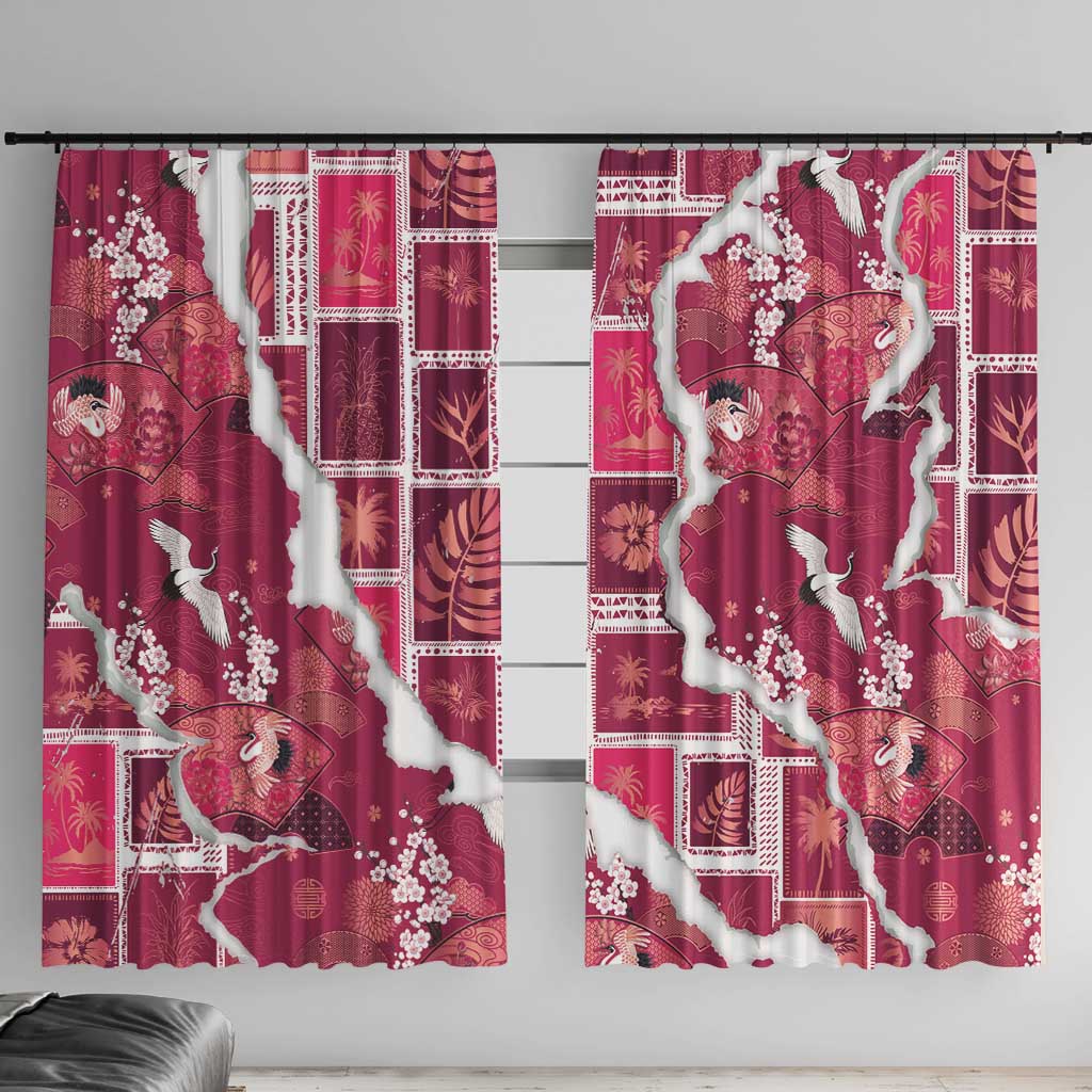 Hawaii Japanese Culture Pink Window Curtain Spring Cranes Aloha Pattern
