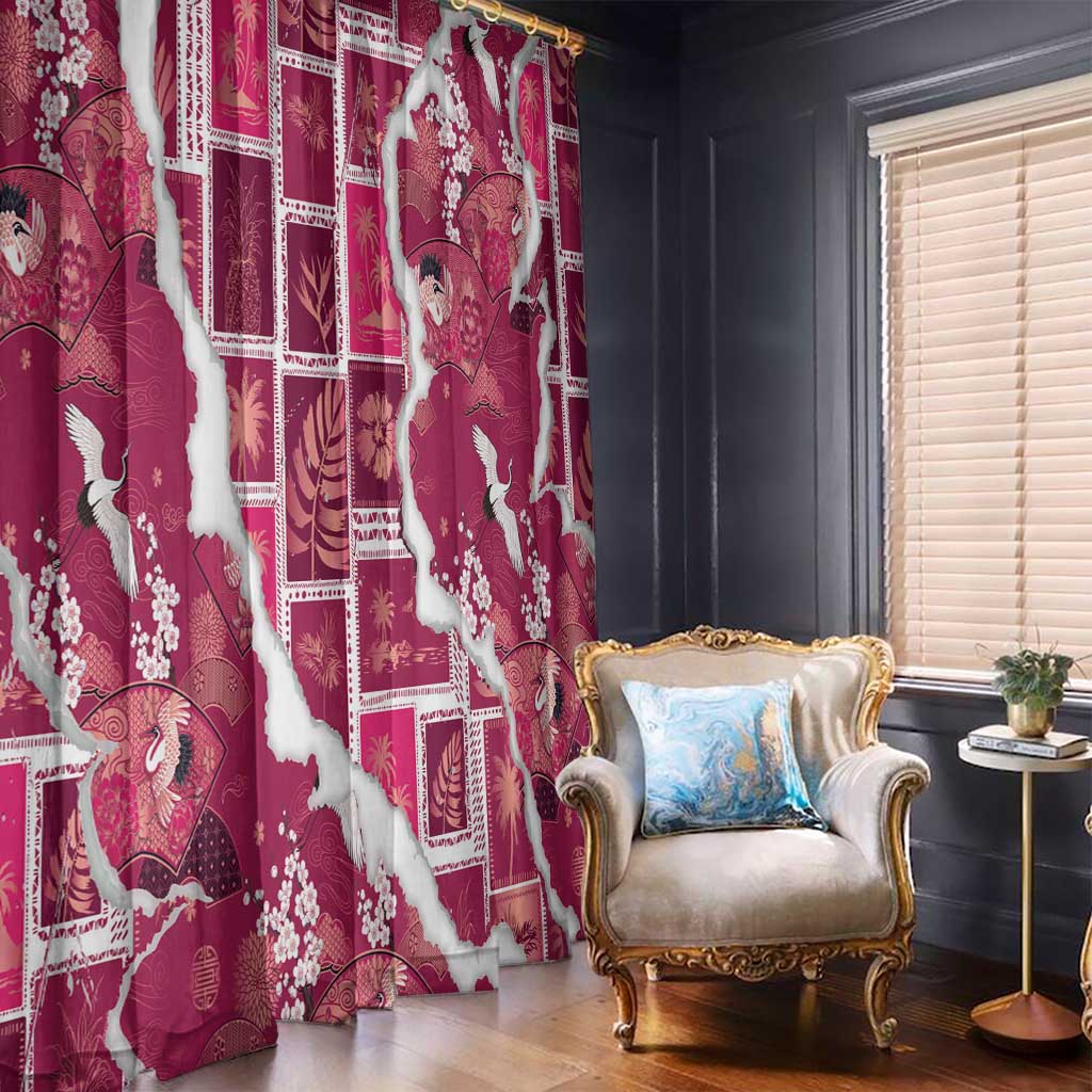 Hawaii Japanese Culture Pink Window Curtain Spring Cranes Aloha Pattern