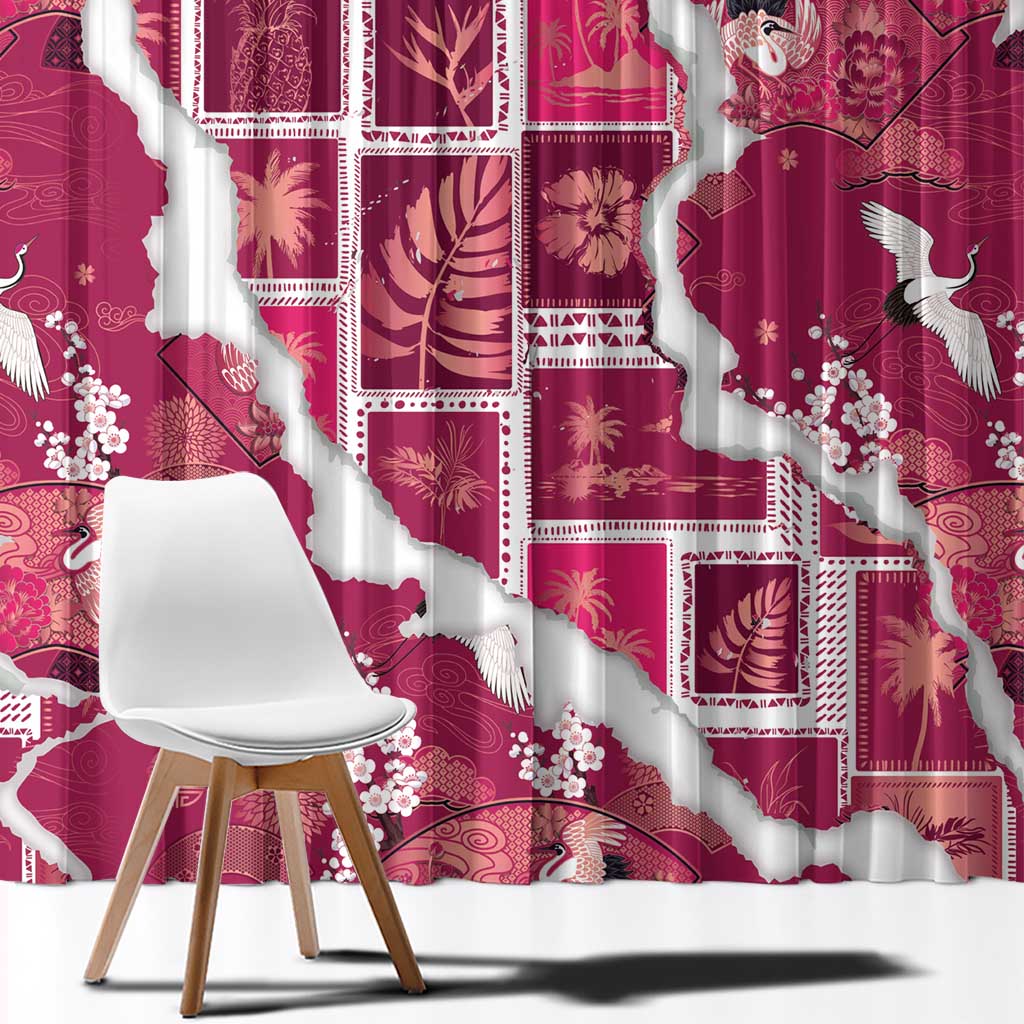 Hawaii Japanese Culture Pink Window Curtain Spring Cranes Aloha Pattern