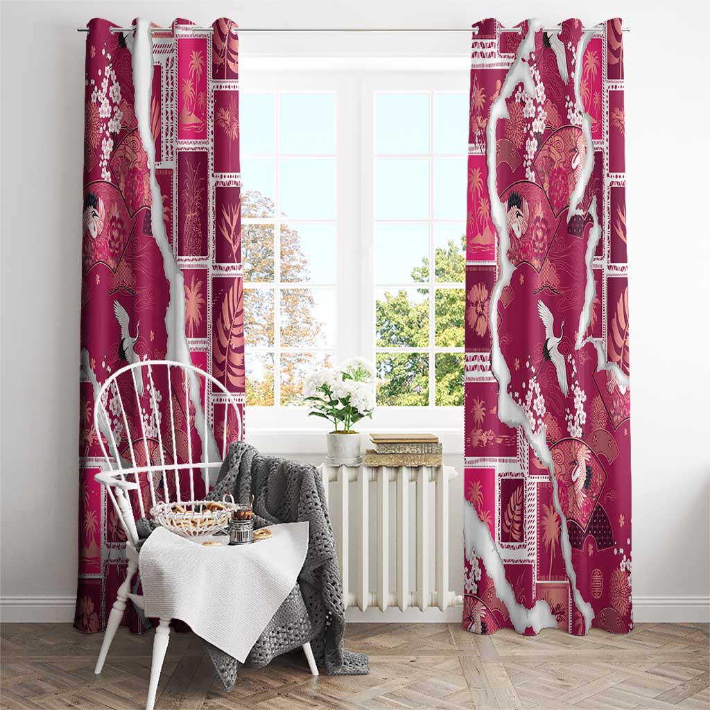 Hawaii Japanese Culture Pink Window Curtain Spring Cranes Aloha Pattern