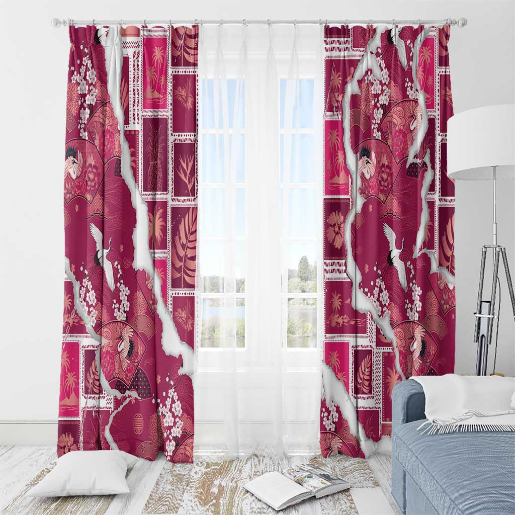 Hawaii Japanese Culture Pink Window Curtain Spring Cranes Aloha Pattern