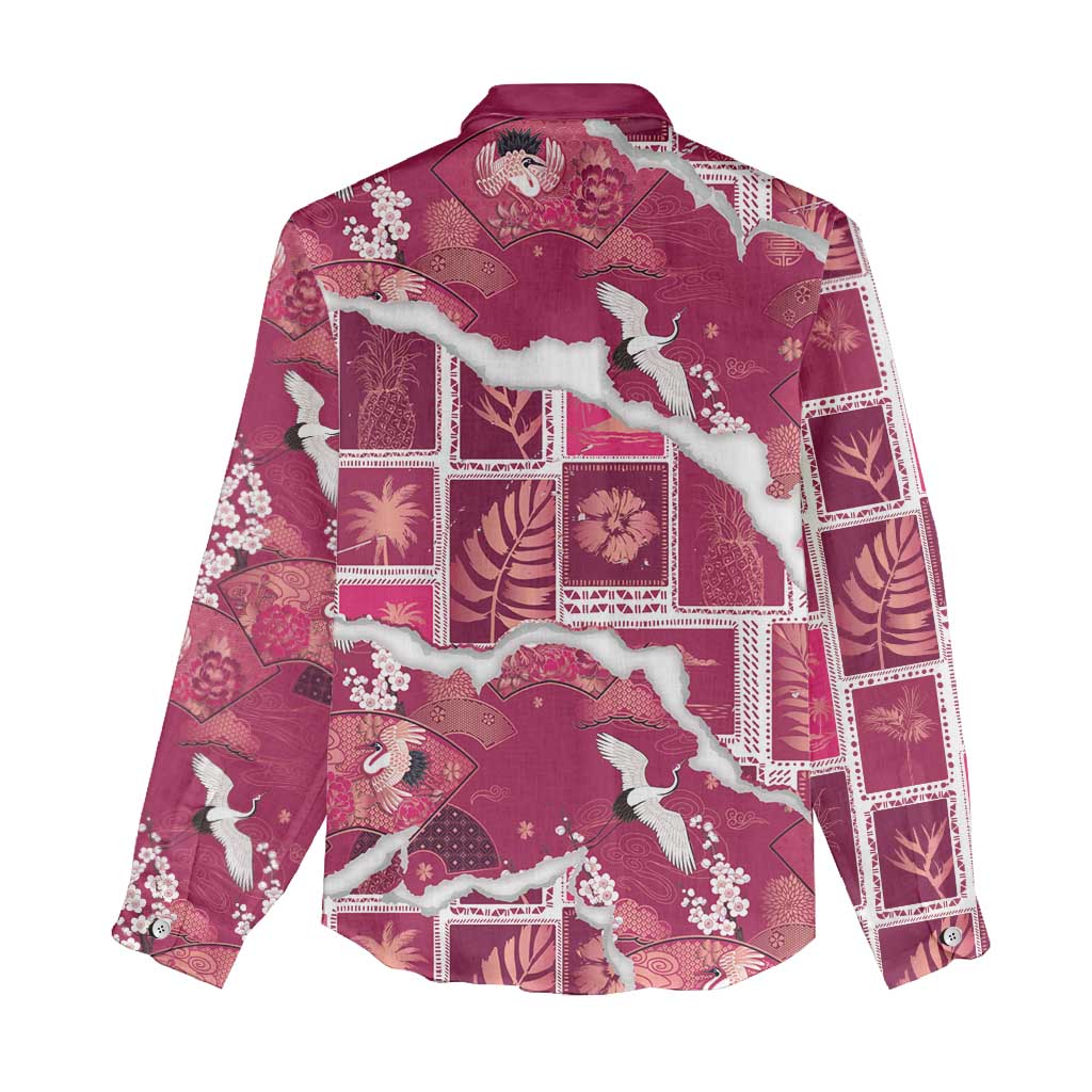 Hawaii Japanese Culture Pink Women Casual Shirt Spring Cranes Aloha Pattern